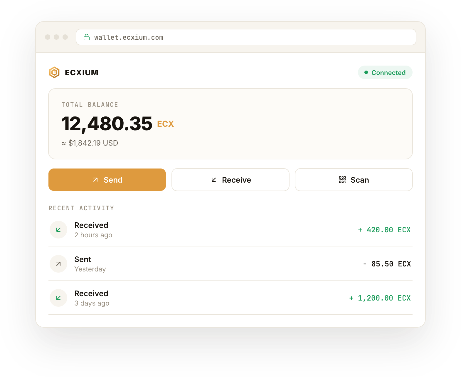 ECXIUM wallet interface in a lightweight browser window