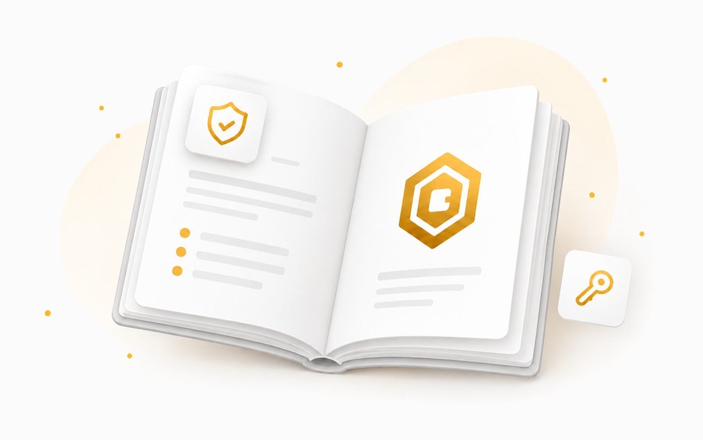 Open ECXIUM documentation book with wallet and key symbols